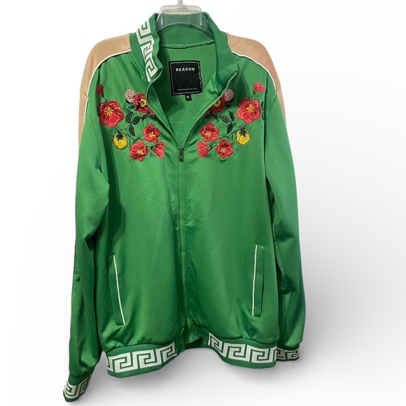 green Reason tracksuit jacket  floral patches and a Greek key pattern size XL - Picture 2 of 11